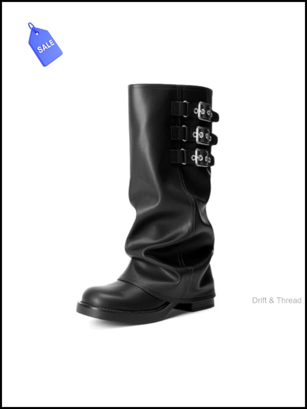 Fold-over Knee High Fashion Boots with Metal Buckles, Faux Leather